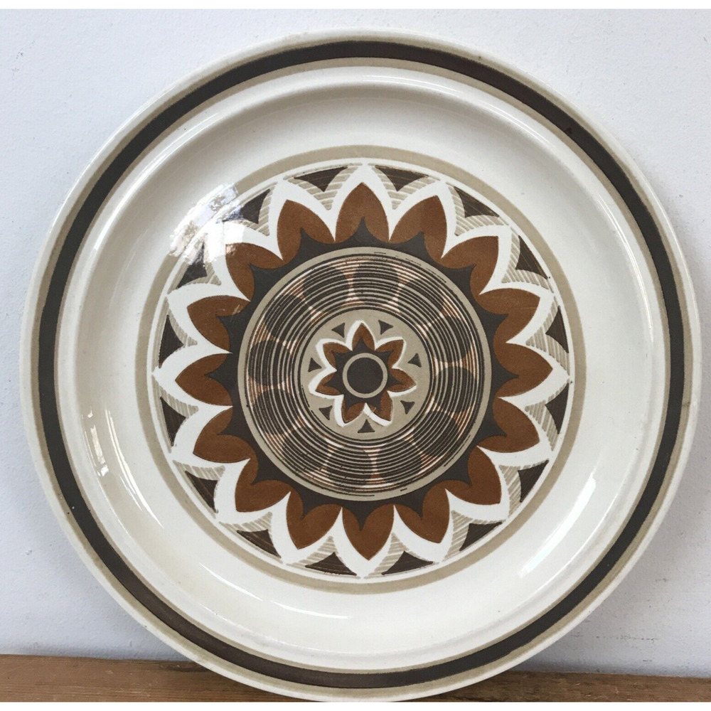 Set Pair Vintage 70s Royal China Aztec Omegastone Stoneware Dinner Plates 10.5"